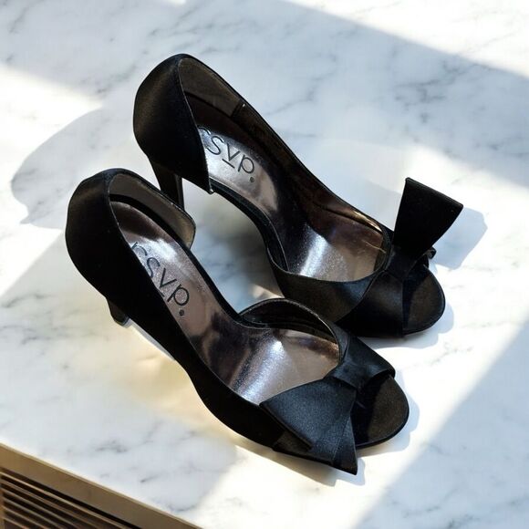 rsvp Black Satin Open-Toe Pumps Heels with Bow Size 7 - Picture 4 of 12